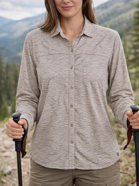 REI Co-op Sahara Shirt Purple Cloud Print Long Sleeve Roll Tab Hiking Size Large